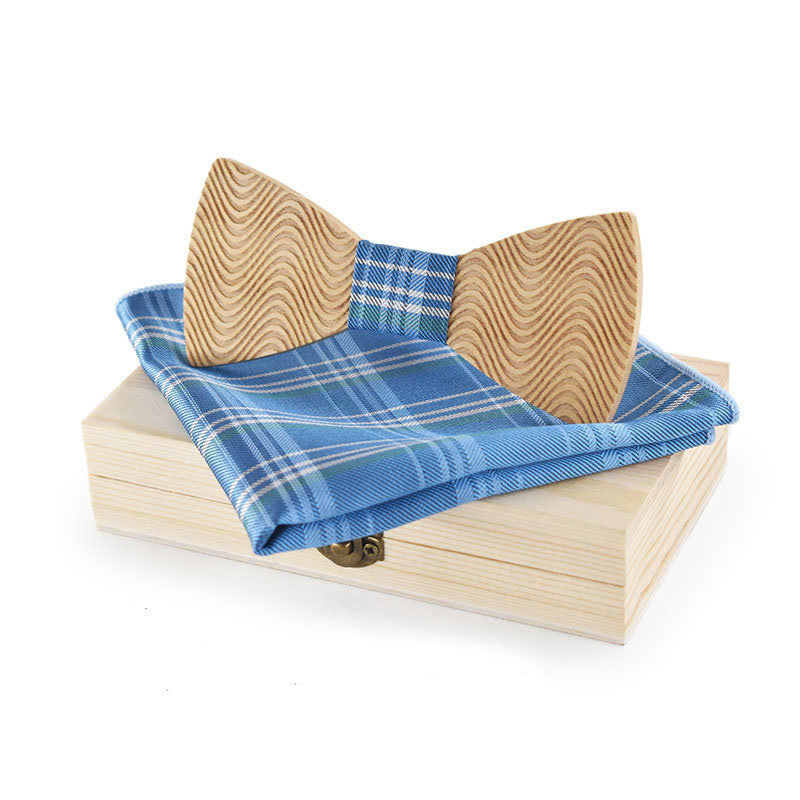 2Pcs Men's Dazzling Wave Plaid Wooden Bow Tie Set - Blue - image 2