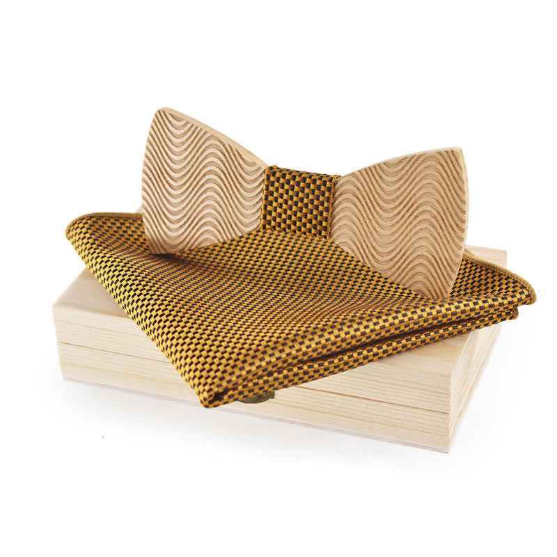 2Pcs Men's Dazzling Wave Plaid Wooden Bow Tie Set - Gold - image 0
