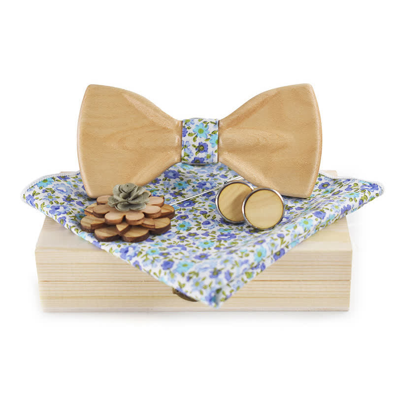 4Pcs Men's Trendy 3D Design Wooden Bow Tie Set - Blue Floral - image 6