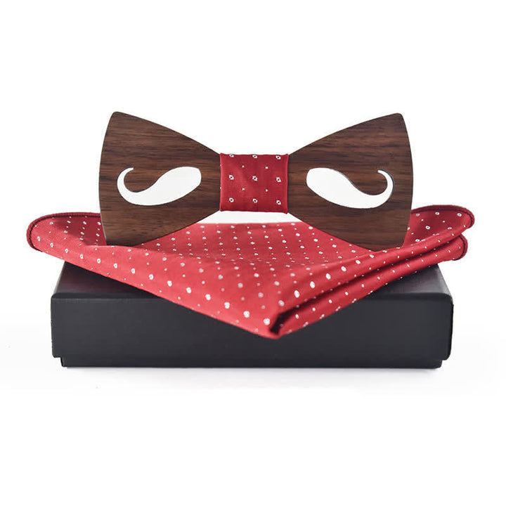 2Pcs Men's Hollow Moustach Carved Wooden Bow Tie Set - Red - image 0