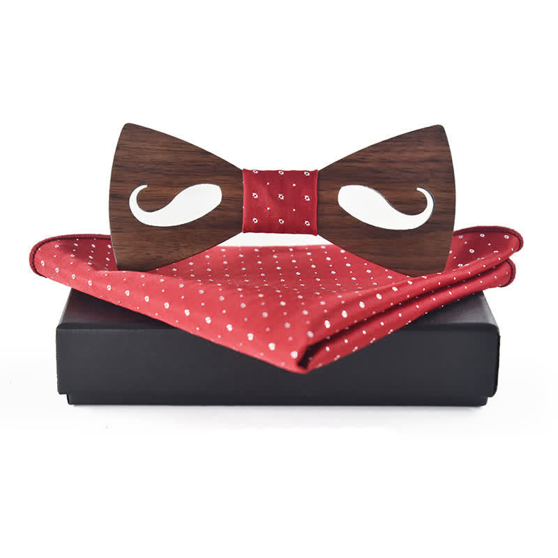 2Pcs Men's Hollow Moustach Carved Wooden Bow Tie Set - Red - image 0