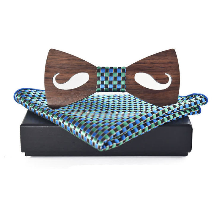 2Pcs Men's Hollow Moustach Carved Wooden Bow Tie Set - Green - image 5