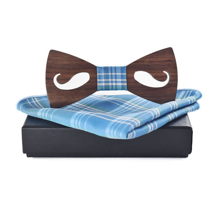 2Pcs Men's Hollow Moustach Carved Wooden Bow Tie Set - Light Blue - image 8
