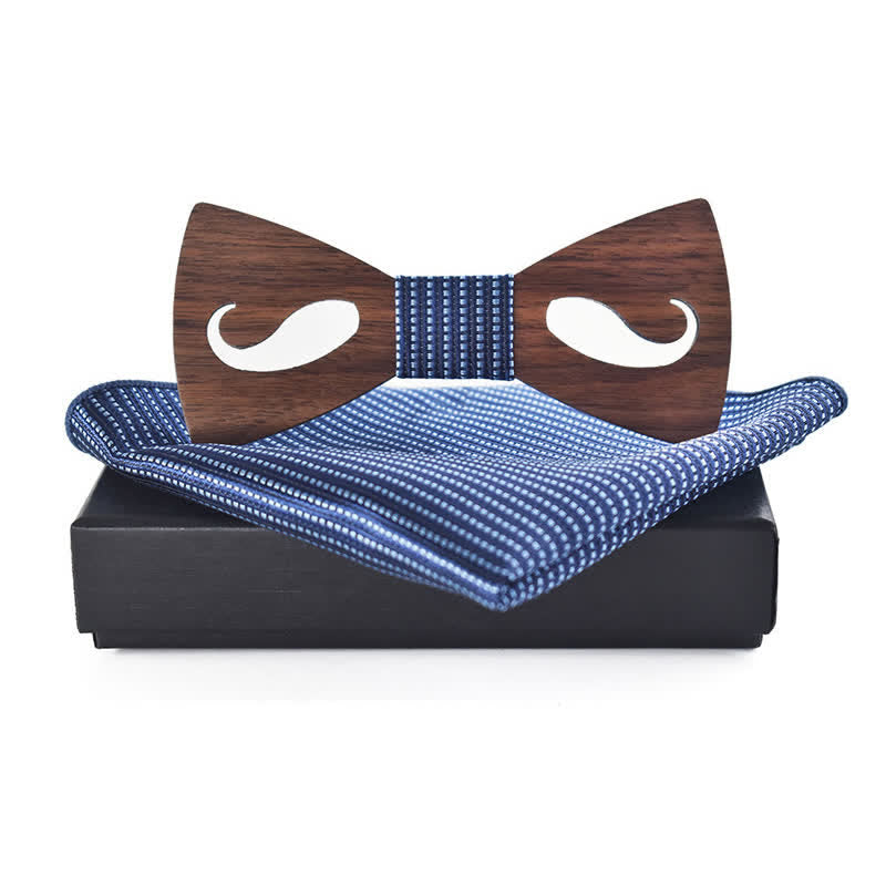 2Pcs Men's Hollow Moustach Carved Wooden Bow Tie Set - Navy - image 6