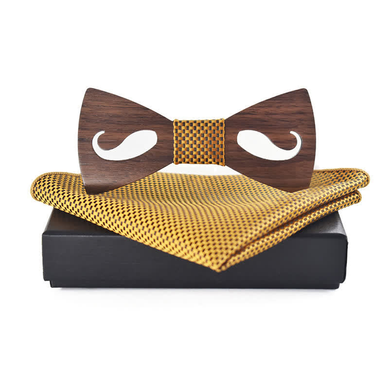 2Pcs Men's Hollow Moustach Carved Wooden Bow Tie Set - Yellow - image 7