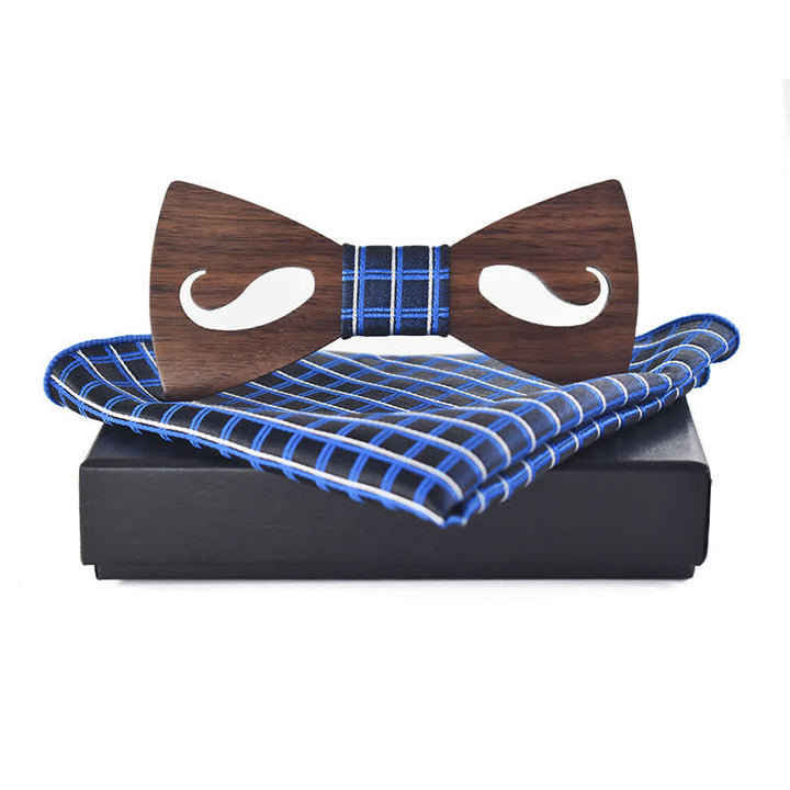 2Pcs Men's Hollow Moustach Carved Wooden Bow Tie Set - Blue - image 9