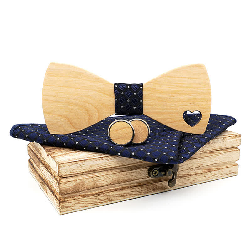 3Pcs Men's Hollow Heart Shape Wooden Bow Tie Set - Midnight Blue - image 12