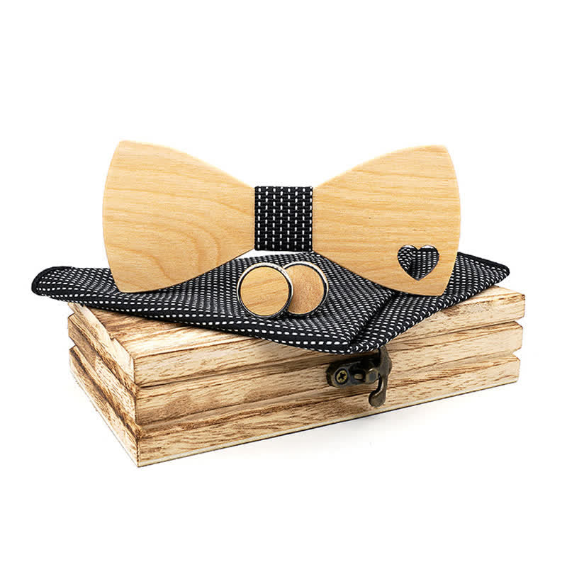 3Pcs Men's Hollow Heart Shape Wooden Bow Tie Set - Black - image 9