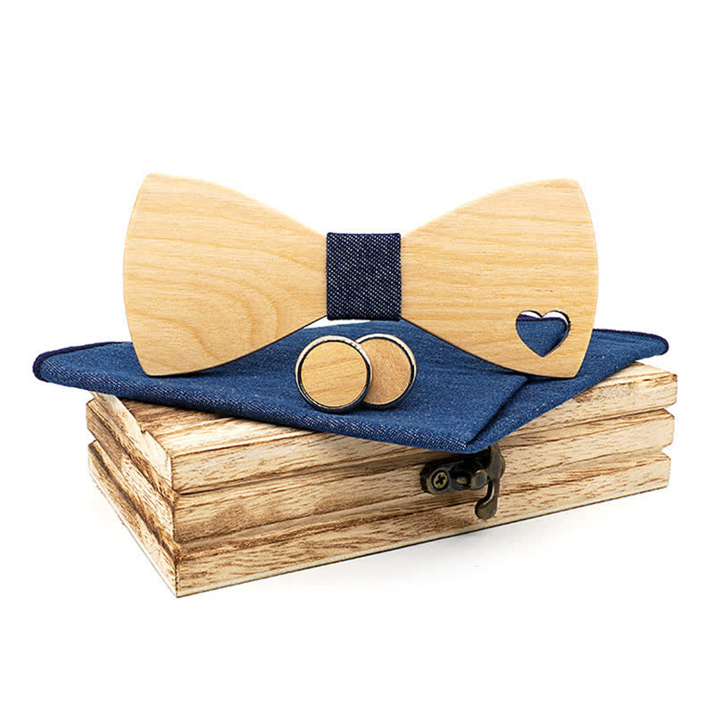 3Pcs Men's Hollow Heart Shape Wooden Bow Tie Set - Navy - image 10