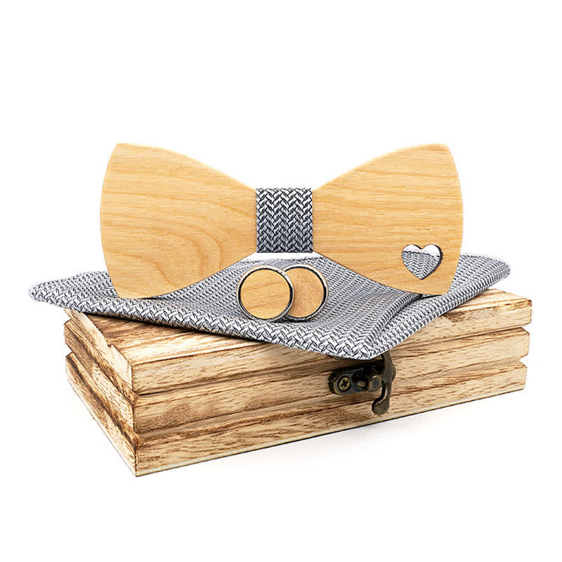 3Pcs Men's Hollow Heart Shape Wooden Bow Tie Set - Gray - image 11