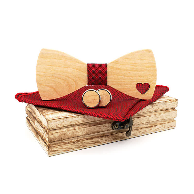 3Pcs Men's Hollow Heart Shape Wooden Bow Tie Set - Red - image 0