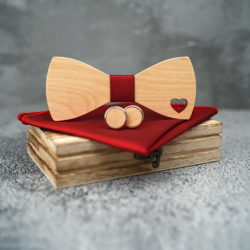 3Pcs Men's Hollow Heart Shape Wooden Bow Tie Set - image 4