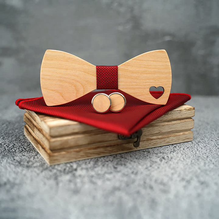3Pcs Men's Hollow Heart Shape Wooden Bow Tie Set - image 4
