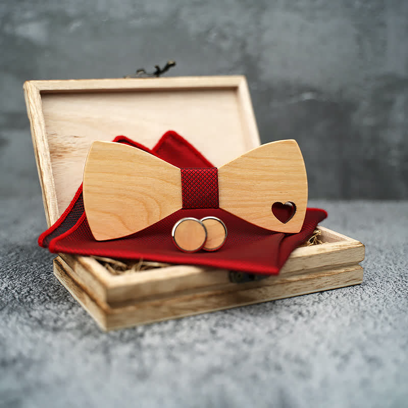 3Pcs Men's Hollow Heart Shape Wooden Bow Tie Set - image 1