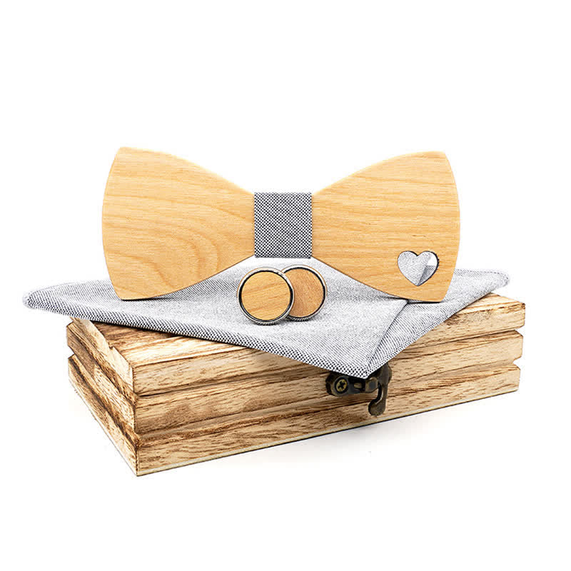 3Pcs Men's Hollow Heart Shape Wooden Bow Tie Set - Light Gray - image 13
