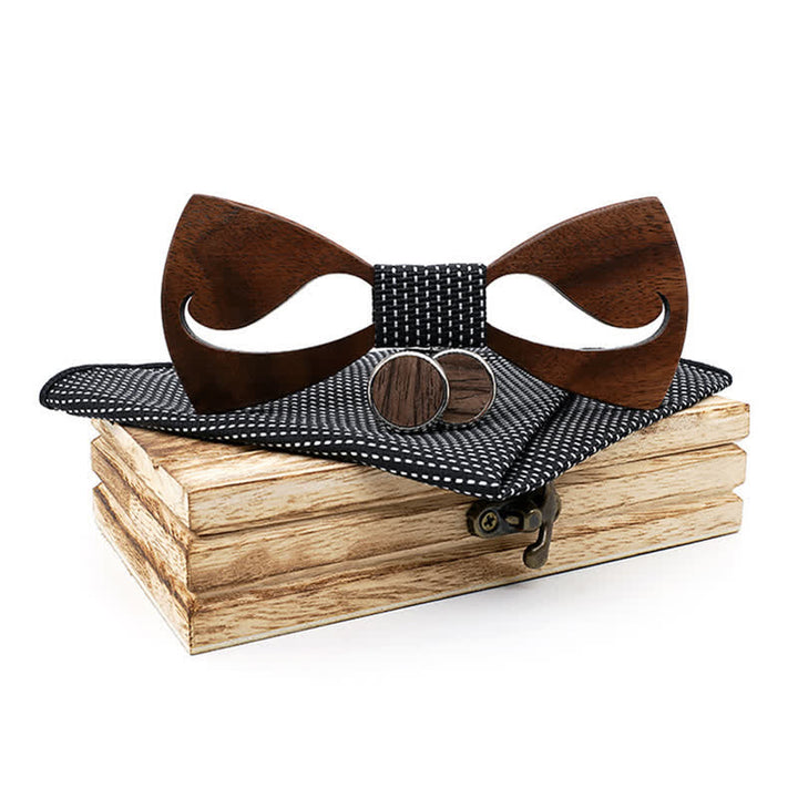 3Pcs Men's Funny Hollow Moustach Wooden Bow Tie Set - Black - image 8