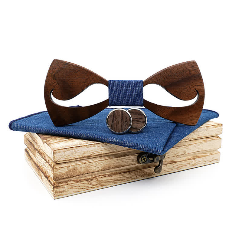 3Pcs Men's Funny Hollow Moustach Wooden Bow Tie Set - Blue - image 3