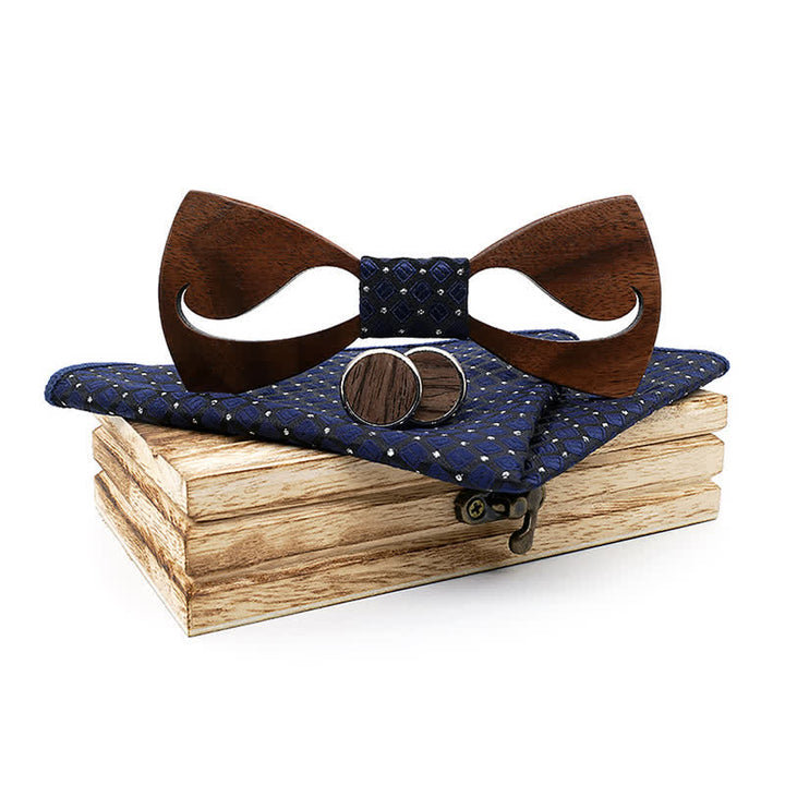 3Pcs Men's Funny Hollow Moustach Wooden Bow Tie Set - Navy - image 11