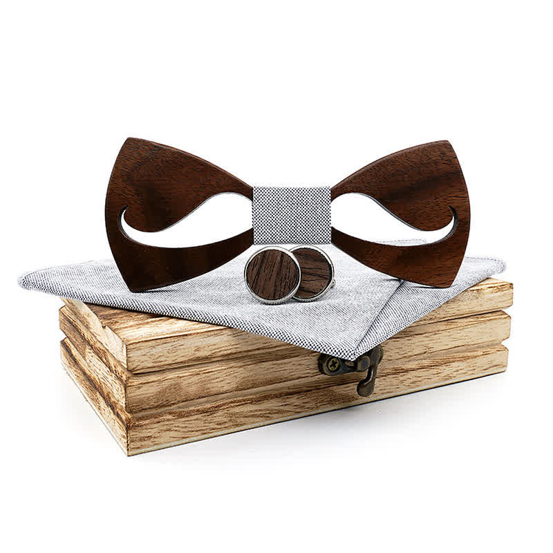 3Pcs Men's Funny Hollow Moustach Wooden Bow Tie Set - Light Gray - image 10