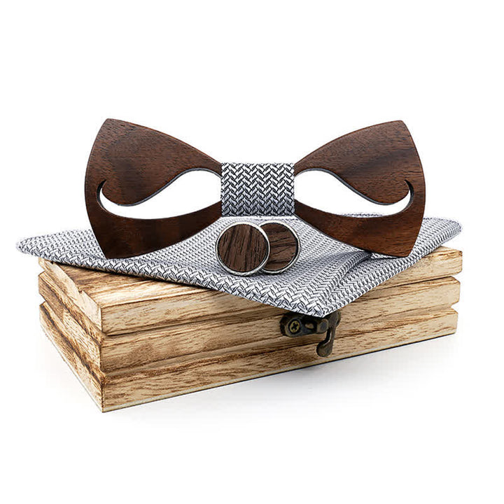 3Pcs Men's Funny Hollow Moustach Wooden Bow Tie Set - Gray - image 1