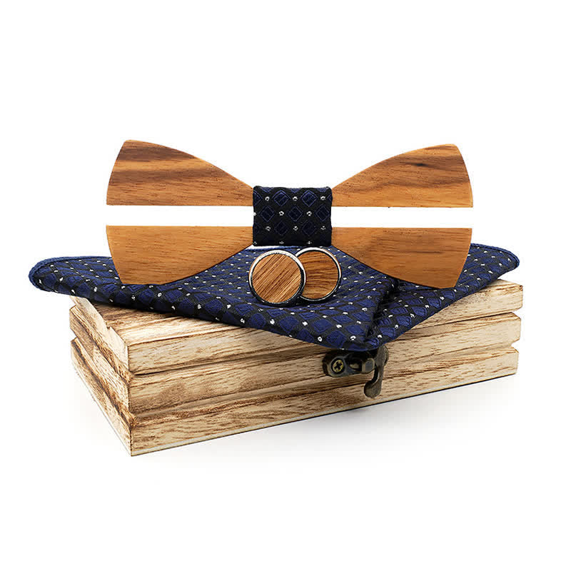 3Pcs Men's Funny Hollow Moustach Wooden Bow Tie Set - Navy - image 11
