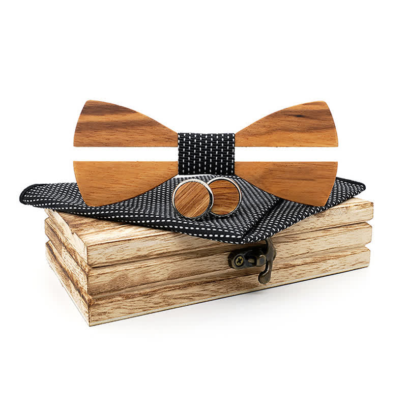 3Pcs Men's Funny Hollow Moustach Wooden Bow Tie Set - Black - image 10