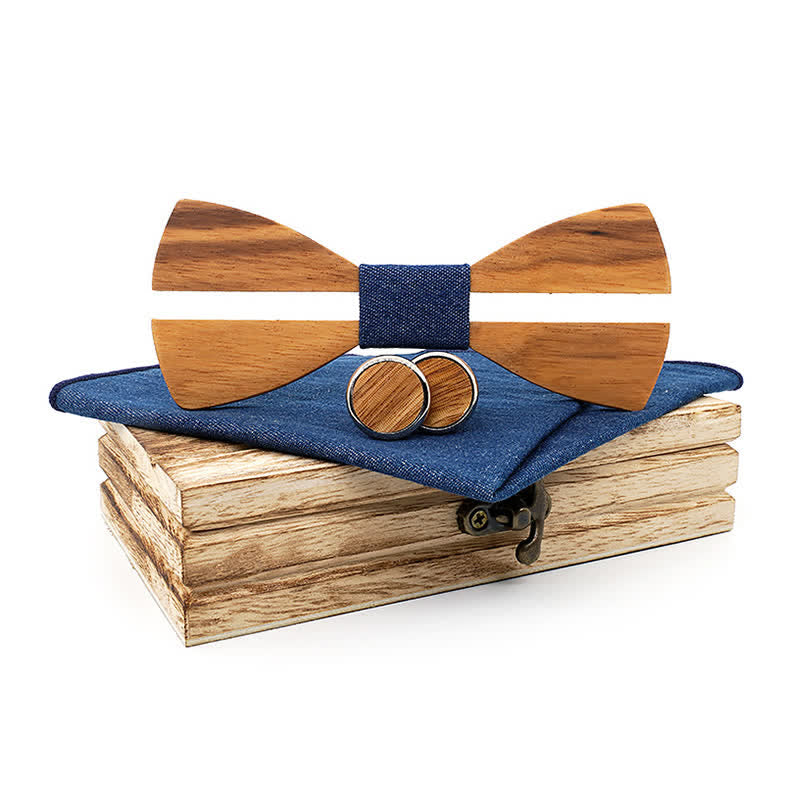 3Pcs Men's Funny Hollow Moustach Wooden Bow Tie Set - Blue - image 13
