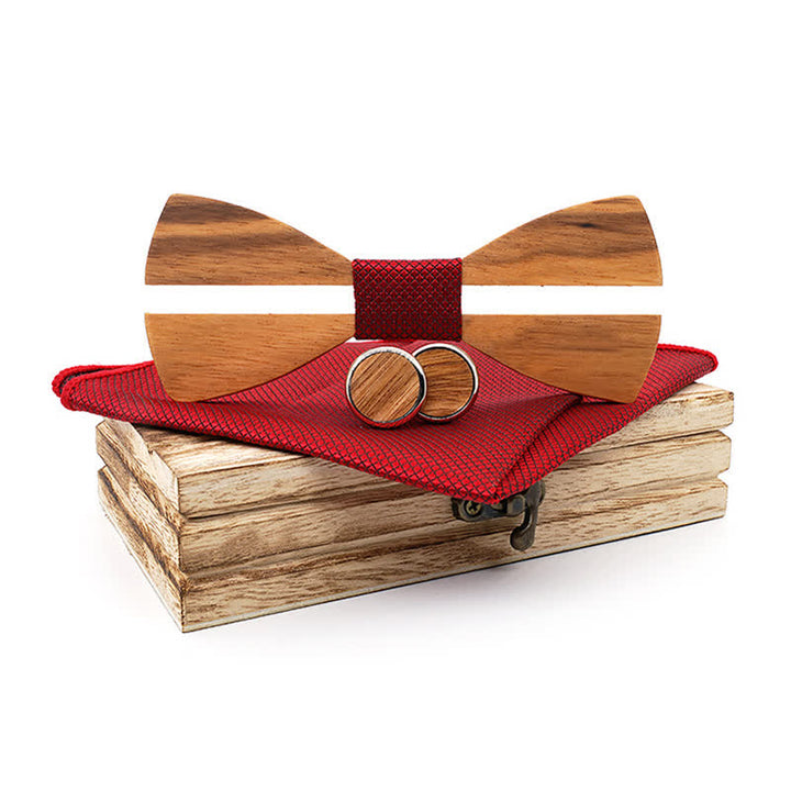 3Pcs Men's Funny Hollow Moustach Wooden Bow Tie Set - Red - image 0