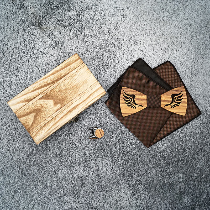 3Pcs Men's Hollow Angle Wings Wooden Bow Tie Set - image 1