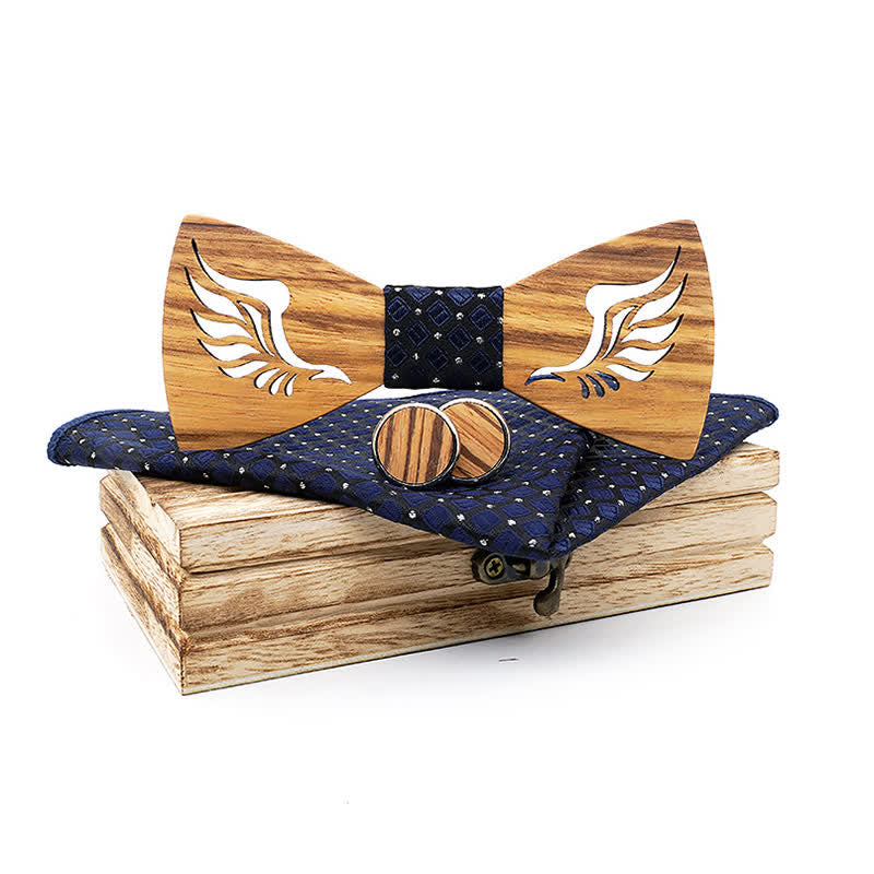 3Pcs Men's Hollow Angle Wings Wooden Bow Tie Set - Navy - image 0