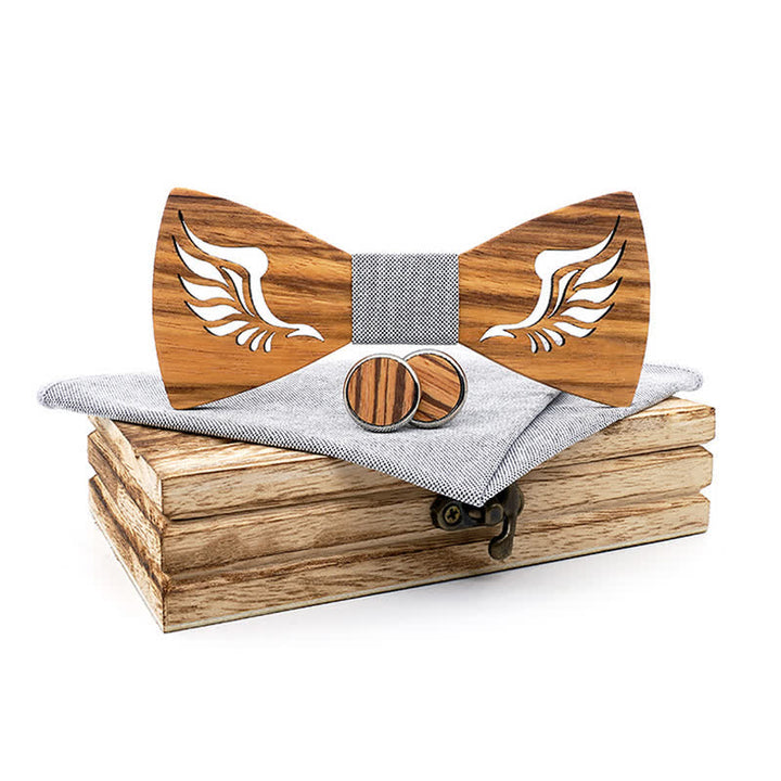 3Pcs Men's Hollow Angle Wings Wooden Bow Tie Set - Light Gray - image 11