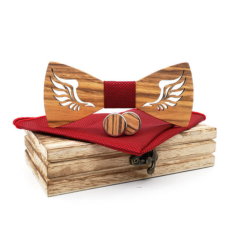 3Pcs Men's Hollow Angle Wings Wooden Bow Tie Set - Red - image 9