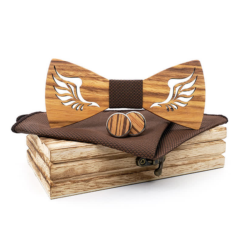 3Pcs Men's Hollow Angle Wings Wooden Bow Tie Set - Dark Brown - image 2