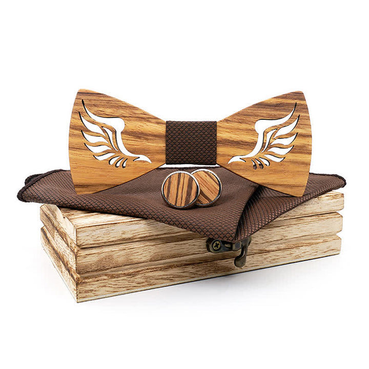 3Pcs Men's Hollow Angle Wings Wooden Bow Tie Set - Dark Brown - image 2