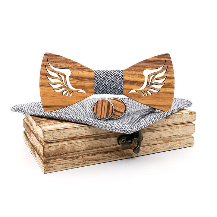 3Pcs Men's Hollow Angle Wings Wooden Bow Tie Set - Gray - image 8
