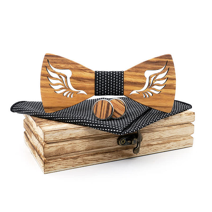 3Pcs Men's Hollow Angle Wings Wooden Bow Tie Set - Black - image 10