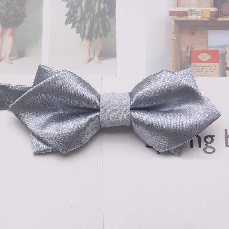 Men's Casual Solid Color Double Layered Pointed Bow Tie - Silver - image 12