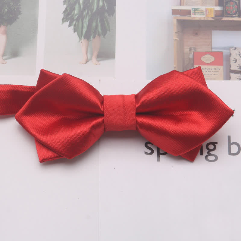 Men's Casual Solid Color Double Layered Pointed Bow Tie - Red - image 5