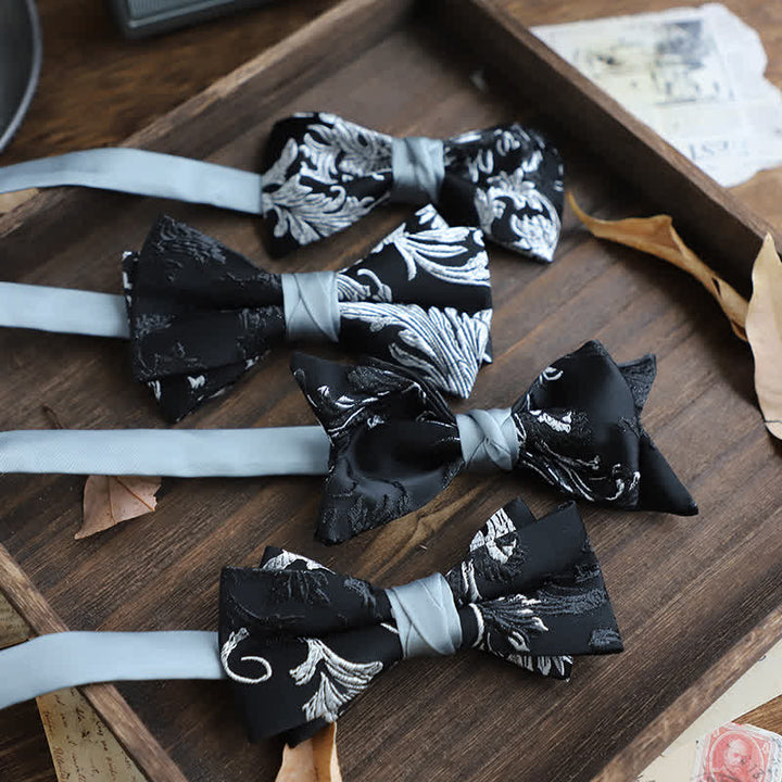 Men's Black & White Floral Embroidery Bow Tie - image 0