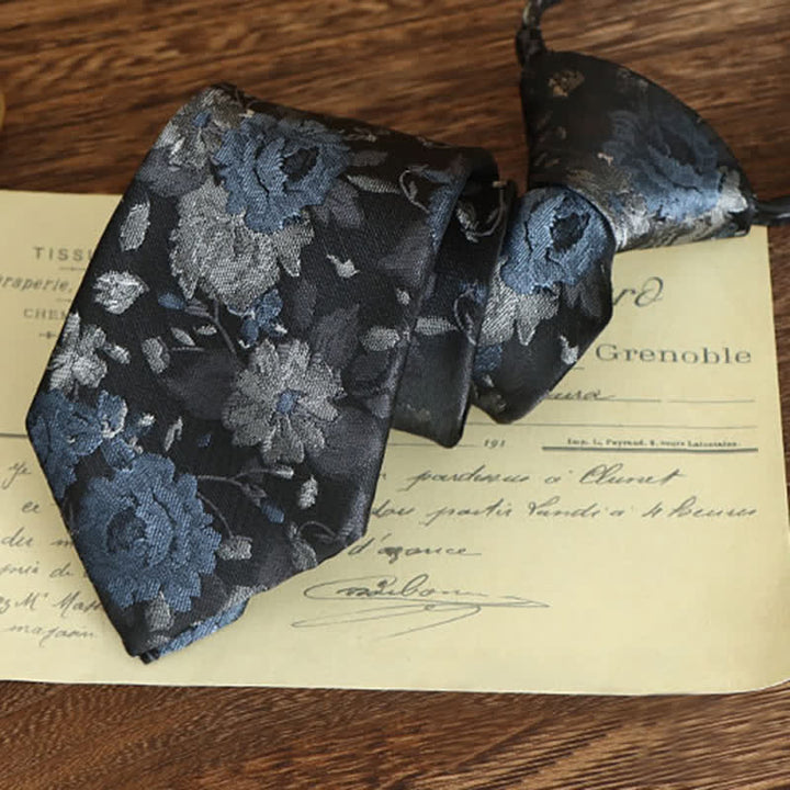 Men's Vintage Art Floral Pattern Necktie - Blue & Gray - Zipper - image 2