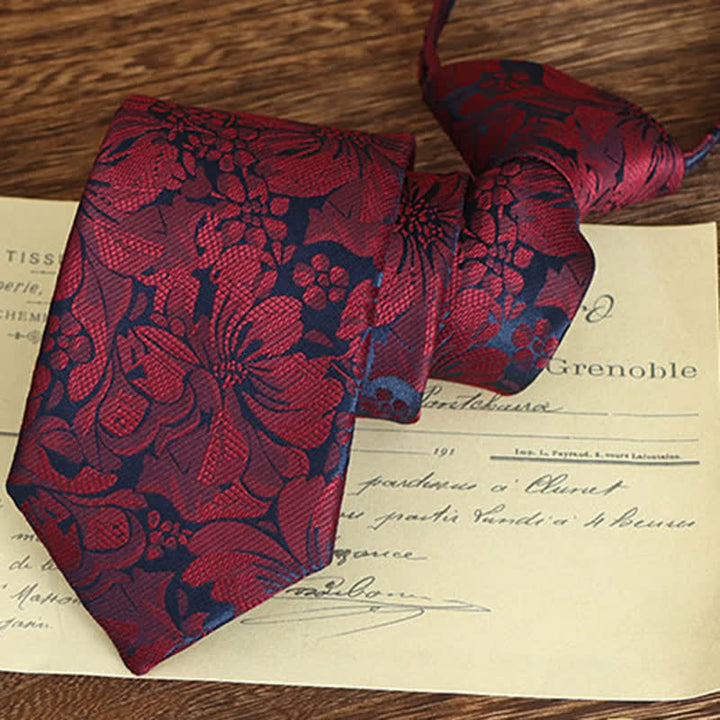 Men's Vintage Art Floral Pattern Necktie - Red - Zipper - image 17