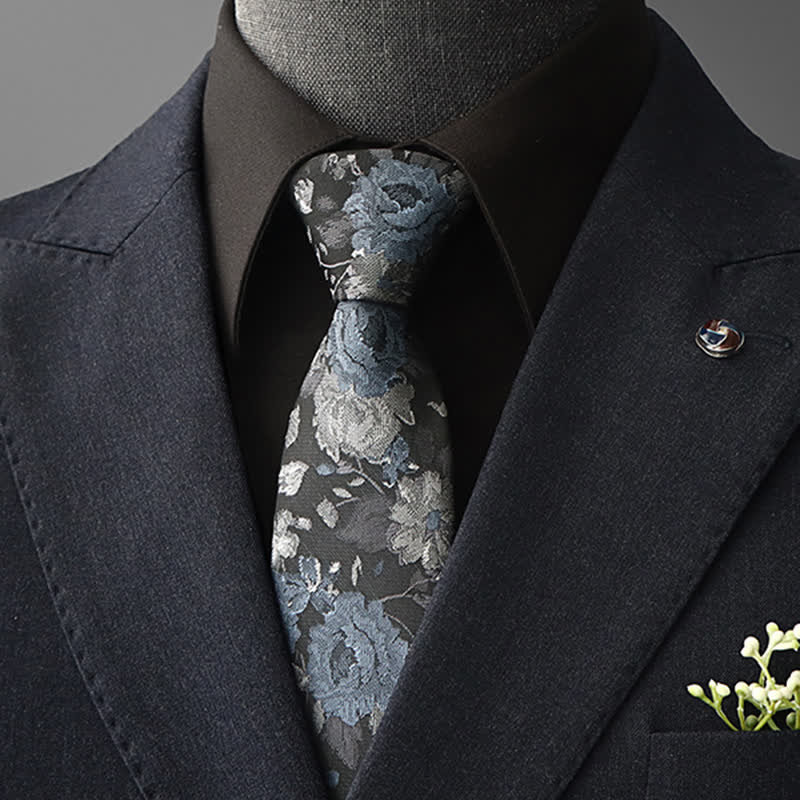 Men's Vintage Art Floral Pattern Necktie - Blue & Gray - Self Tie - image 0