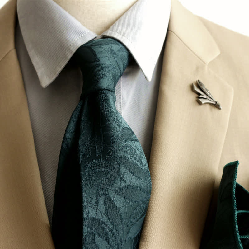 Men's Casual Floral Jacquard Leaves Pattern Necktie - Dark Green - image 1