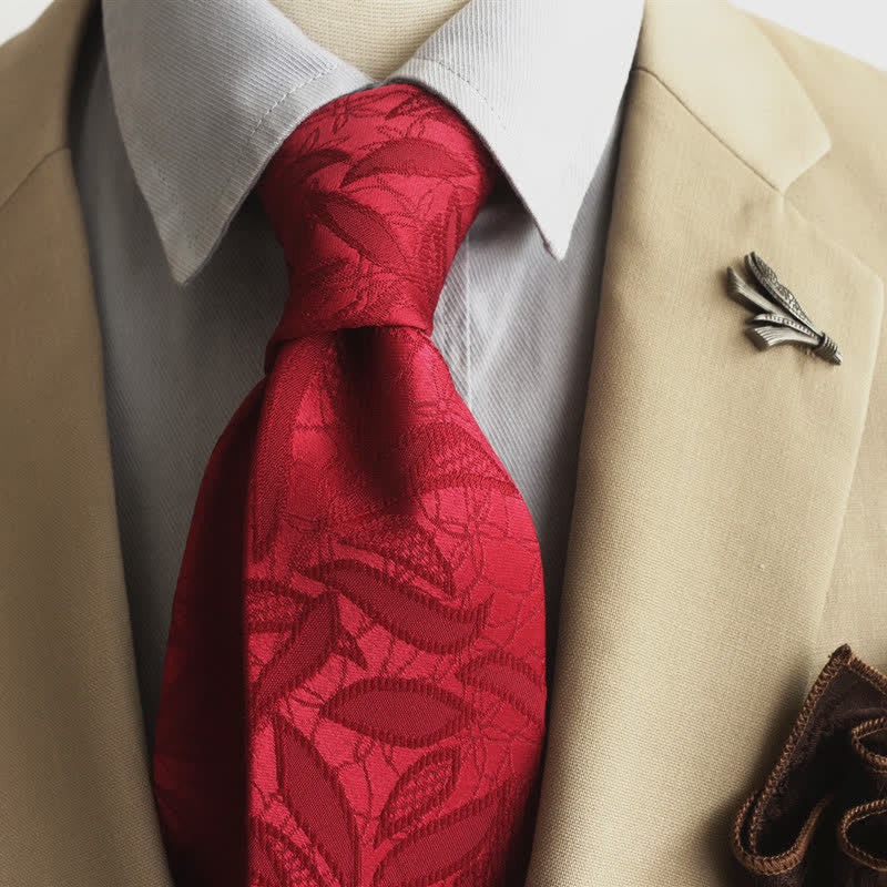 Men's Casual Floral Jacquard Leaves Pattern Necktie - Red - image 13