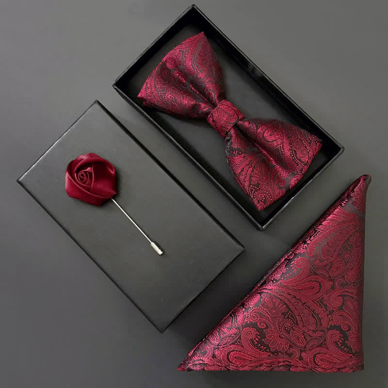 3Pcs Men's Gorgeous Burgundy Handkerchief Bow Tie Set - image 0