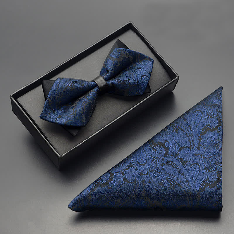 3Pcs Men's Exotic Paisley Double Pointed Bow Tie Set - Navy - Bow Tie + Handkerchief - image 9