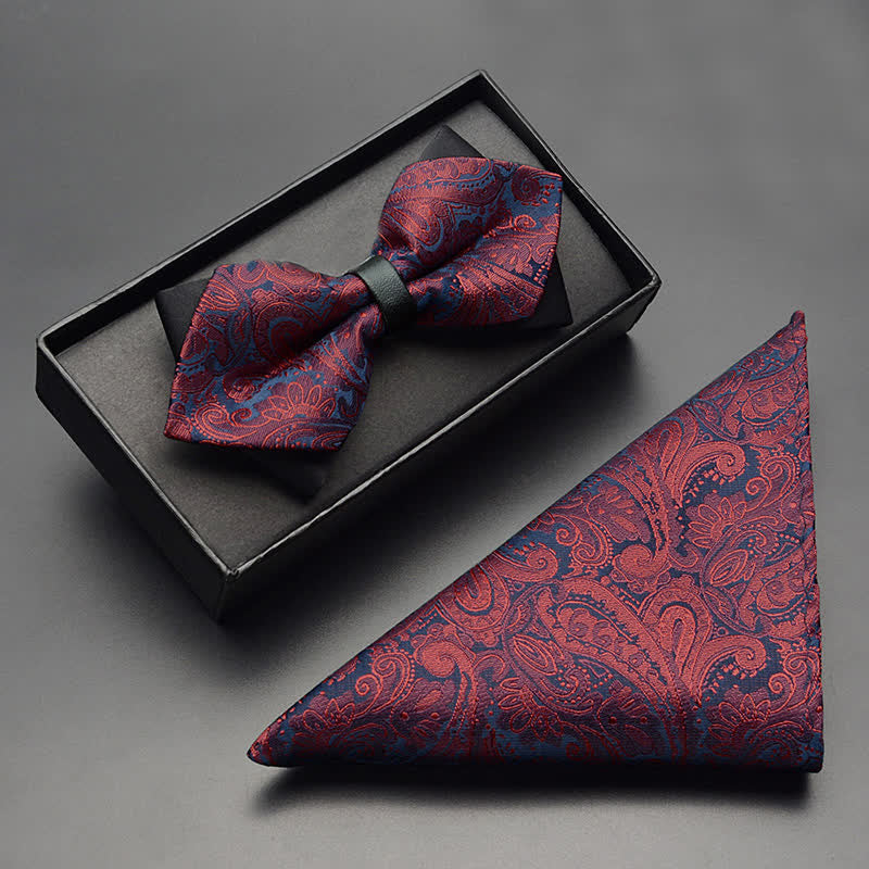 3Pcs Men's Exotic Paisley Double Pointed Bow Tie Set - Burgundy - Bow Tie + Handkerchief - image 5