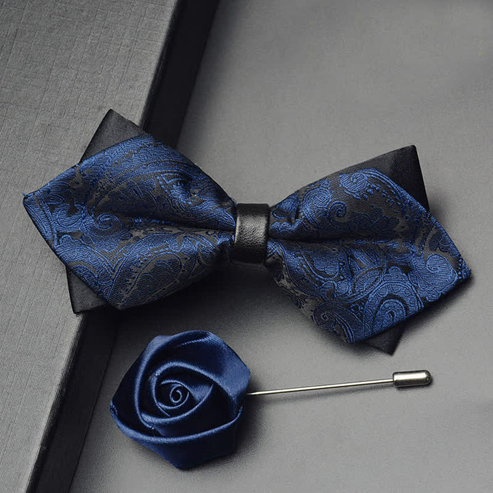 3Pcs Men's Exotic Paisley Double Pointed Bow Tie Set - Navy - Bow Tie + Brooch Pin - image 8