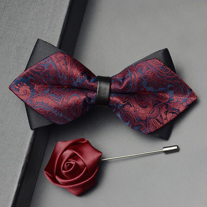 3Pcs Men's Exotic Paisley Double Pointed Bow Tie Set - Burgundy - Bow Tie + Brooch Pin - image 4