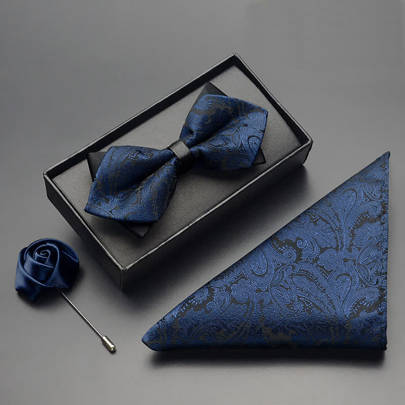 3Pcs Men's Exotic Paisley Double Pointed Bow Tie Set - Navy - 3Pcs - image 6